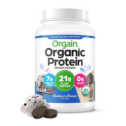 Orgain Organic Vegan Protein Powder, Cookies & Cream - 21G Plant Based Protein, 7G Prebiotic Fiber, Low Net Carb, No Lactose Ingredients, No Added Sugar, Non-Gmo, for Shakes & Smoothies, 2.03 Lb