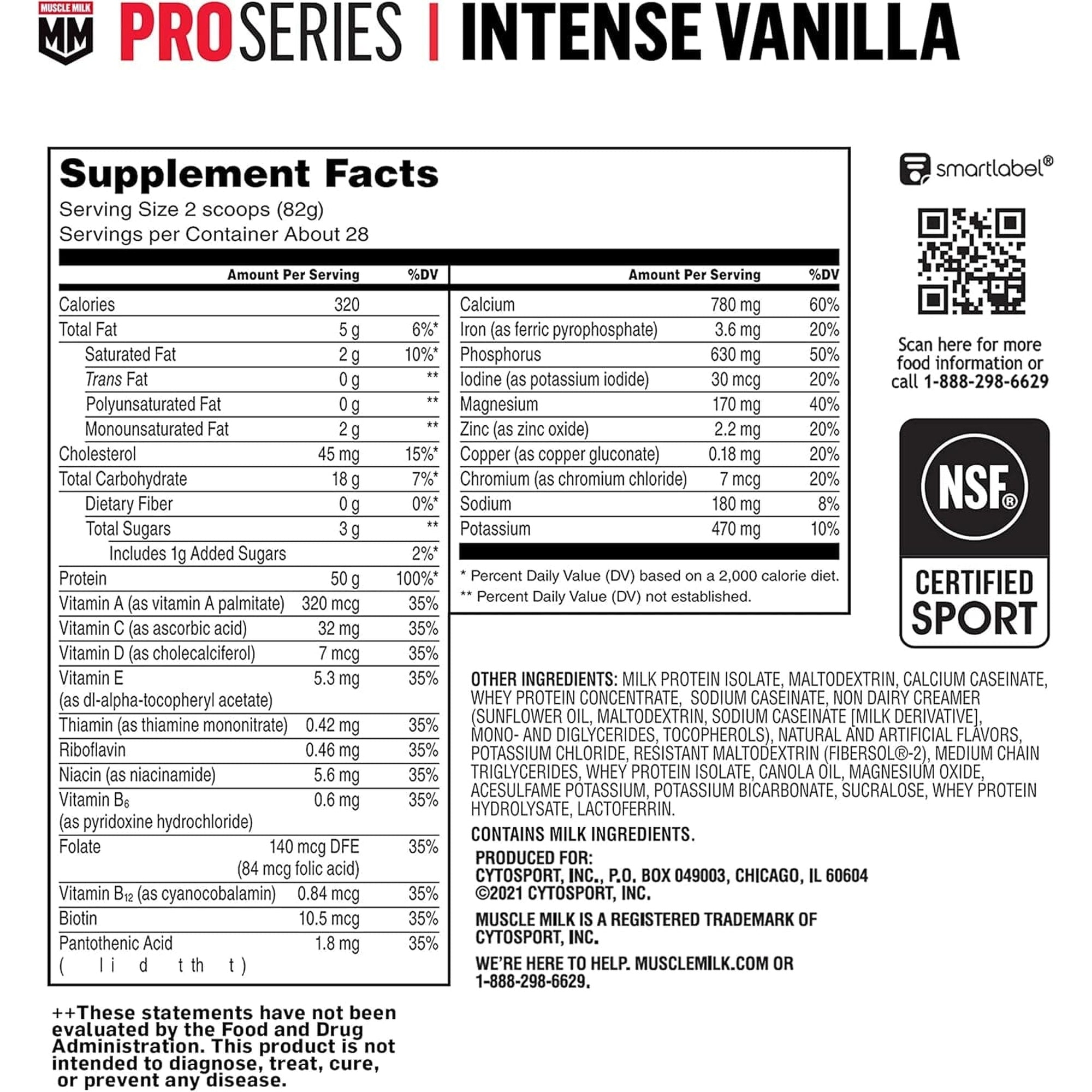 Muscle Milk Pro Series Protein Powder Supplement, Intense Vanilla, 5 Pound, 28 Servings, 50G Protein, 3G Sugar, 20 Vitamins & Minerals, NSF Certified for Sport, Workout Recovery, Packaging May Vary