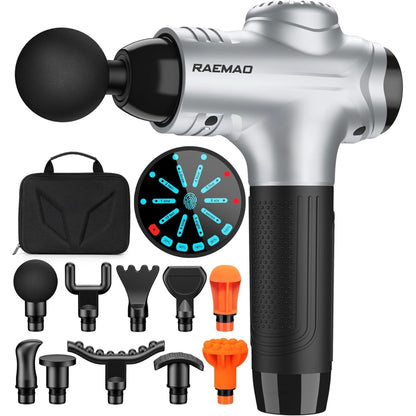 RAEMAO Massage Gun, Massage Gun Deep Tissue, Back Massage Gun for Athletes for Pain Relief Attaching 10 PCS Replacement Heads, Percussion Massager with 10 Speeds & LED Screen, Carbon