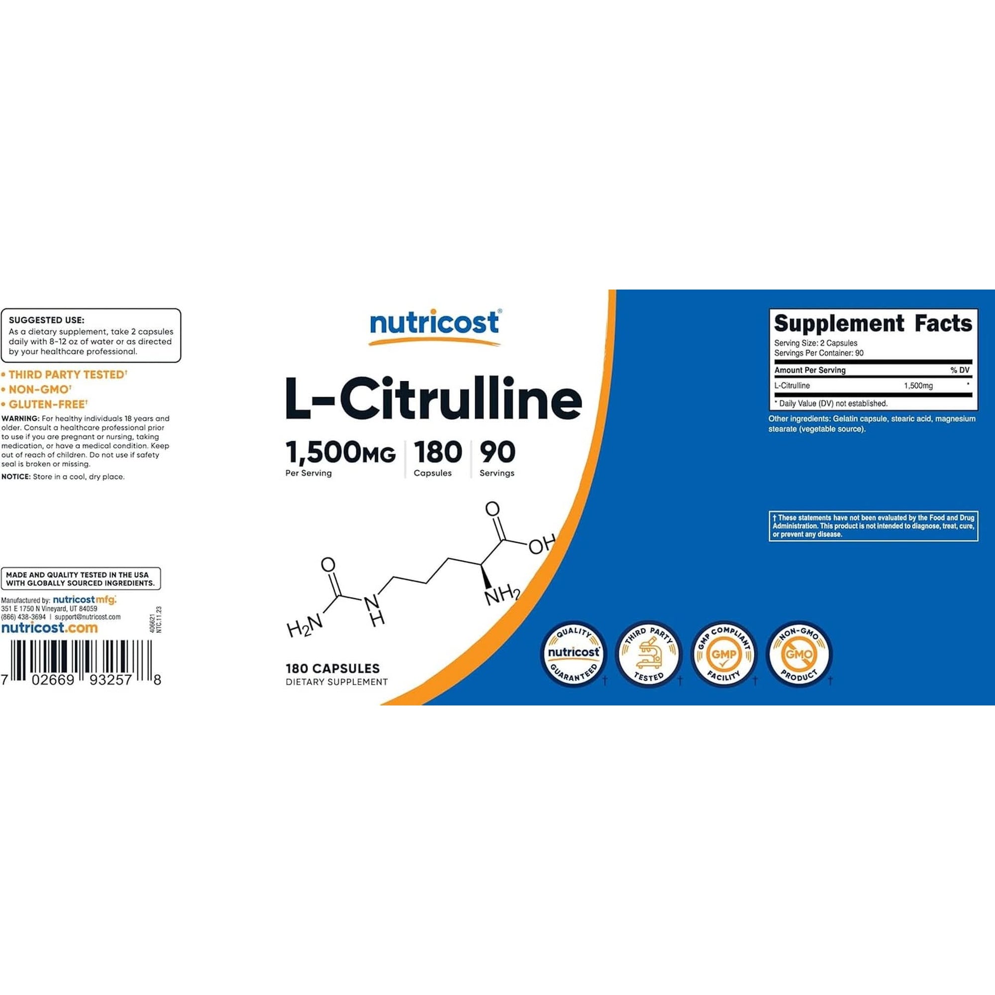 Nutricost L-Citrulline 1500Mg, 180 Capsules - 750Mg per Capsule, Gluten Free, Non-Gmo, Packaging May Vary