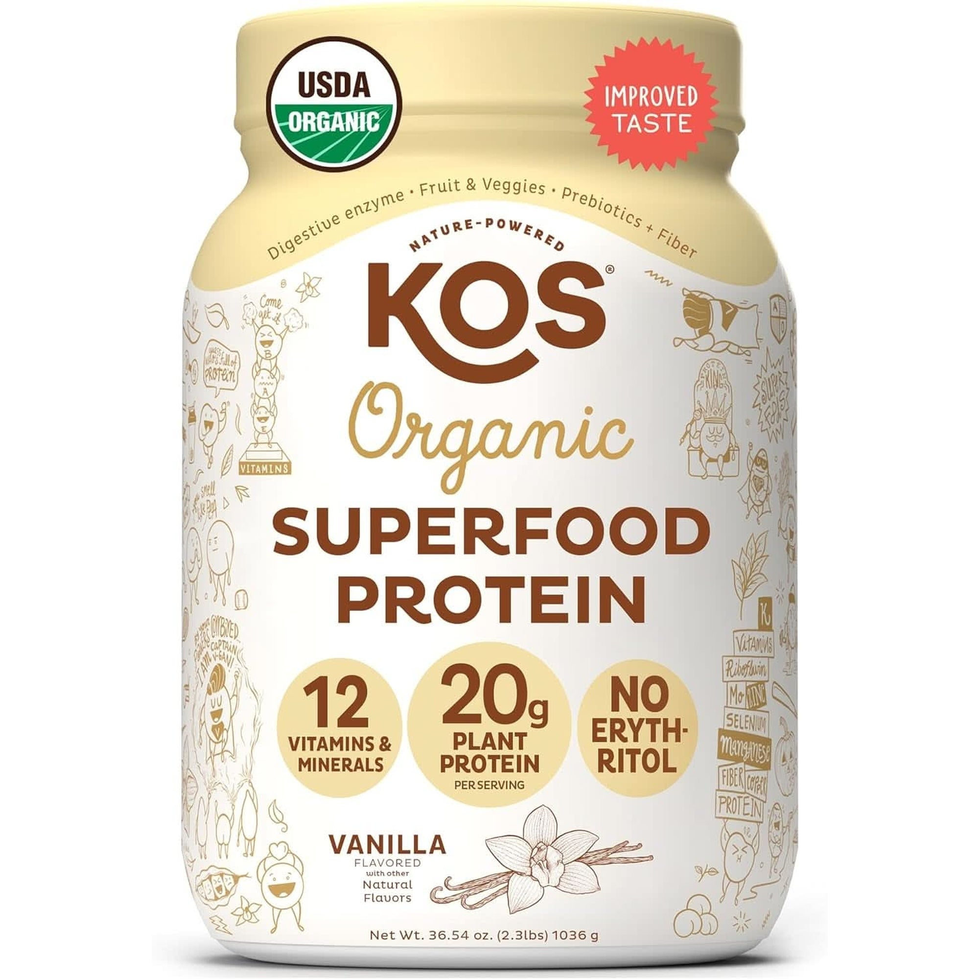 KOS Vegan Protein Powder Erythritol Free, Chocolate - Organic Pea Protein Blend, Plant Based Superfood Rich in Vitamins & Minerals - Keto, Dairy Free - Meal Replacement for Women & Men, 28 Servings