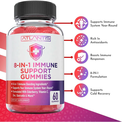 8-In-1 Immune Support Gummies with Elderberry - Powerful Immune Support Supplement Blend of Elderberry, Quercetin, Zinc & Vitamin C Gummies Are Great Immune Boosters for Adults & Kids - 60 Gummies