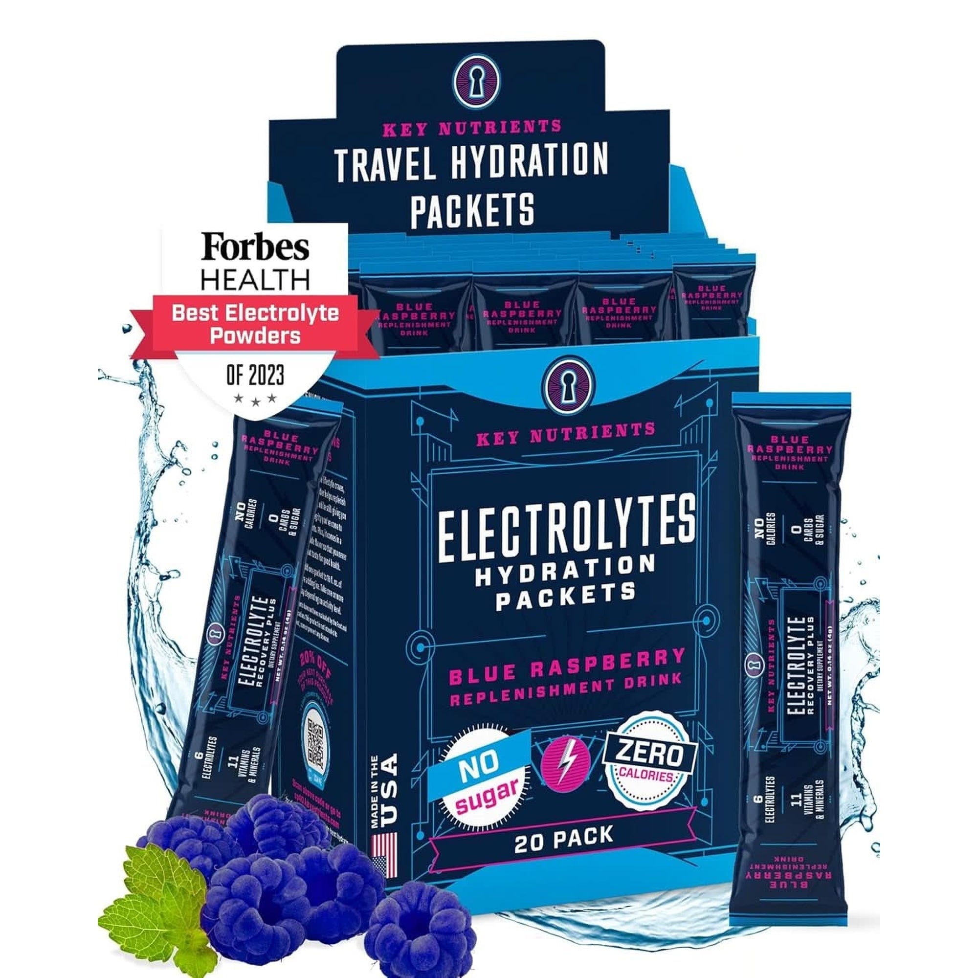 KEY NUTRIENTS Multivitamin Electrolytes Powder No Sugar - Sweet Blue Raspberry Electrolyte Powder - Endurance & Energy Supplement - Hydration Powder - No Calories - 90 Servings - Made in USA