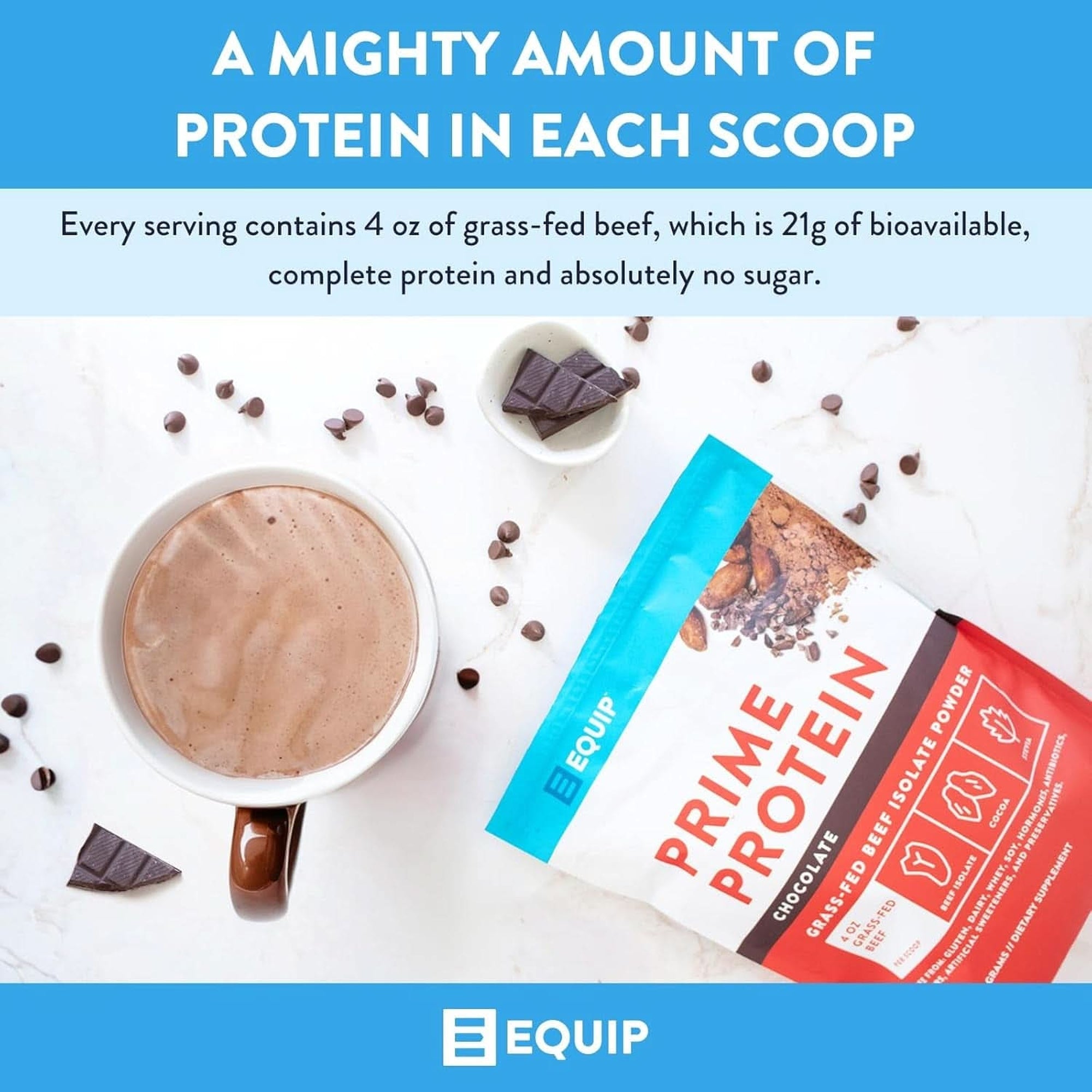 Equip Foods Prime Protein Powder | Clean, Grass Fed Beef Protein Isolate | Carnivore Protein Powder | Paleo, Keto Friendly | Gluten, Dairy Free | Helps Build & Repair Tissue | 30 Servings, Chocolate