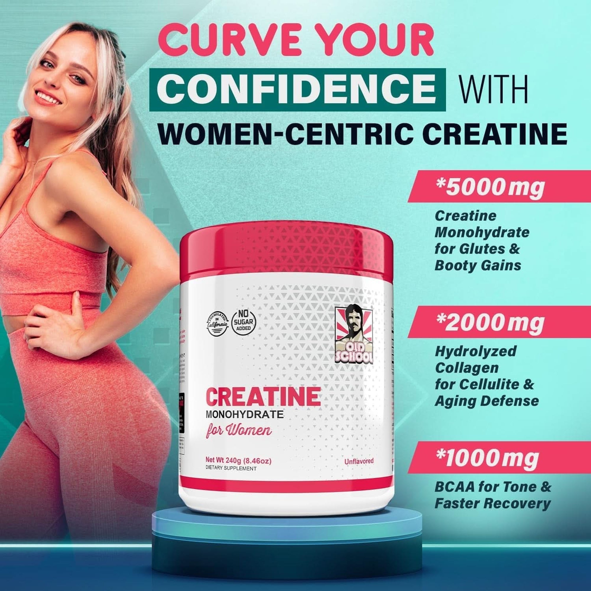 5G Creatine Monohydrate Powder for Women Booty Gain +2000Mg Collagen +1G BCAA 2:1:1 (No Fillers) Supports Lean Muscles & Recovery, Pump, Energy & Stamina - Micronized, Natural & Made in USA - 240G