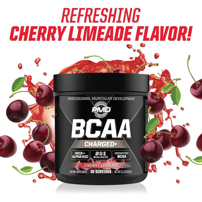 PMD Sports BCAA Charged Delicious Amino Acid Drink Mix for Performance, Recovery, Endurance and Hydration - Increase Muscle Function for Workout and Daily Energy – Cherry Limeade (30 Servings)