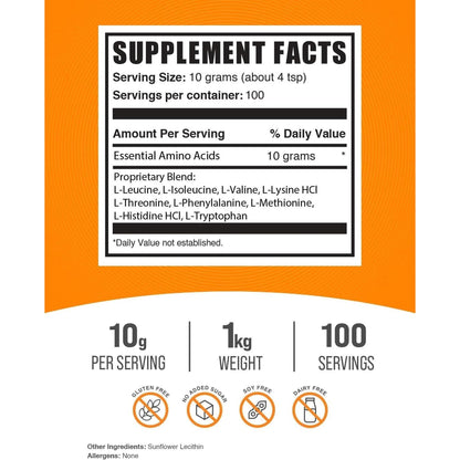 Bulksupplements.Com Essential Amino Acids Powder - Essential Amino Acids Supplement, EAA Powder - Unflavored & Gluten Free, 10G of Eaas Amino Acids per Serving, 1Kg (2.2 Lbs) (Pack of 1)