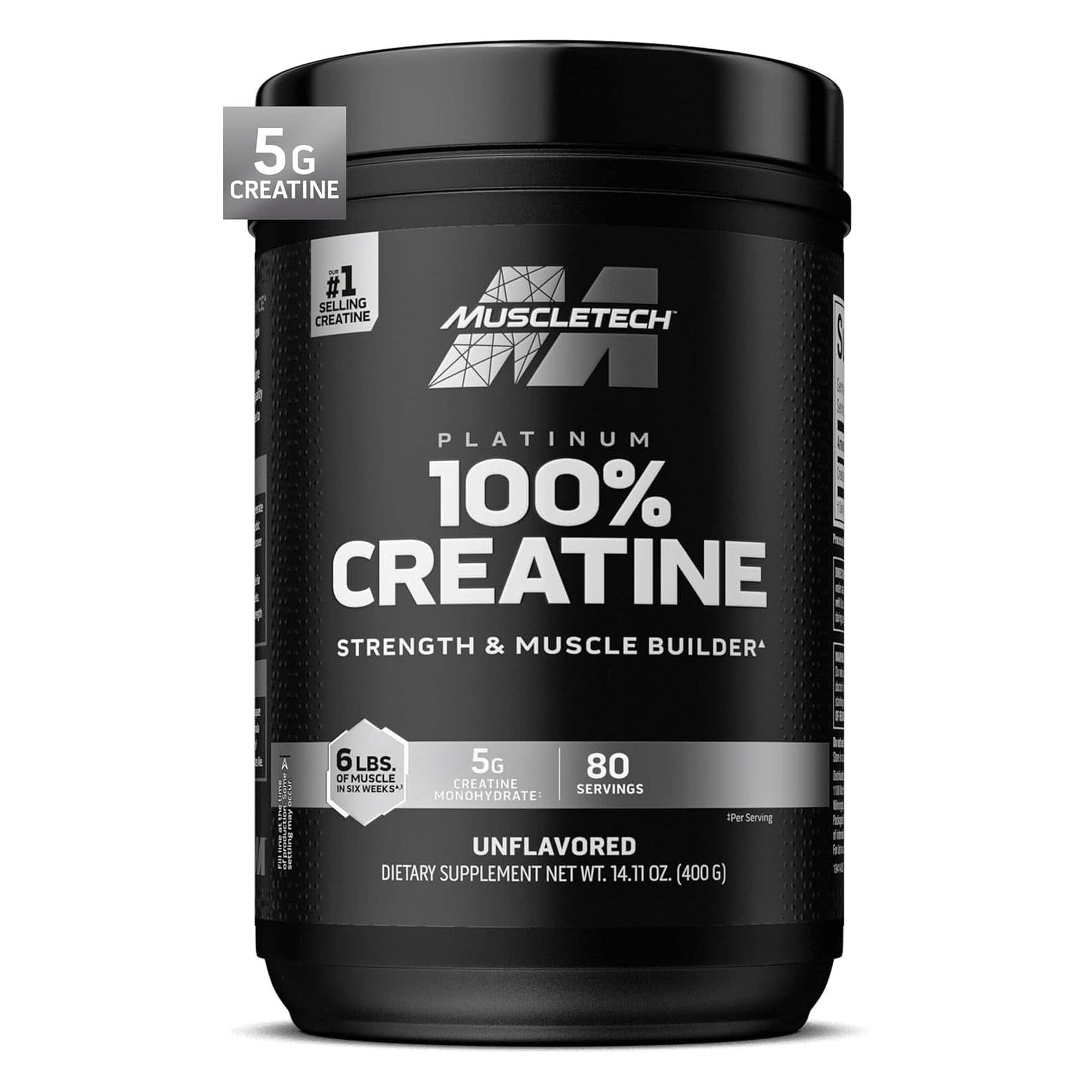 Creatine Monohydrate Powder Muscletech Platinum Pure Micronized Muscle Recovery + Builder for Men & Women Workout Supplements Unflavored (80 Servings)