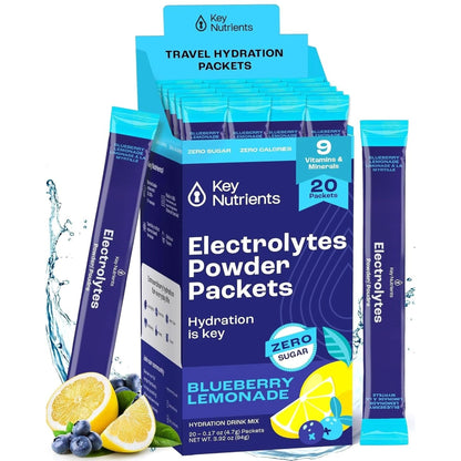 KEY NUTRIENTS Multivitamin Electrolytes Powder No Sugar - Sweet Blue Raspberry Electrolyte Powder - Endurance & Energy Supplement - Hydration Powder - No Calories - 90 Servings - Made in USA