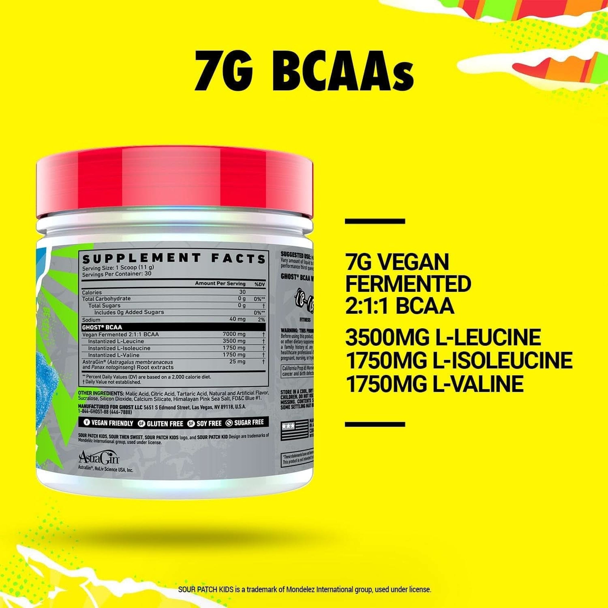 GHOST BCAA Powder Amino Acids Supplement, Sour Patch Kids Blue Raspberry - 30 Servings - Sugar-Free Intra, Post & Pre Workout Amino Powder & Recovery Drink, 7G BCAA