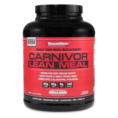 Musclemeds CARNIVOR LEAN MEAL Whole Food Meal Replacement Shake, MRE, Beef Protein Isolate, White Potato, Sweet Potato, 40G Protein, 40 G Carbs, Lactose Free, Sugar Free, Vanilla Cream 20 Servings