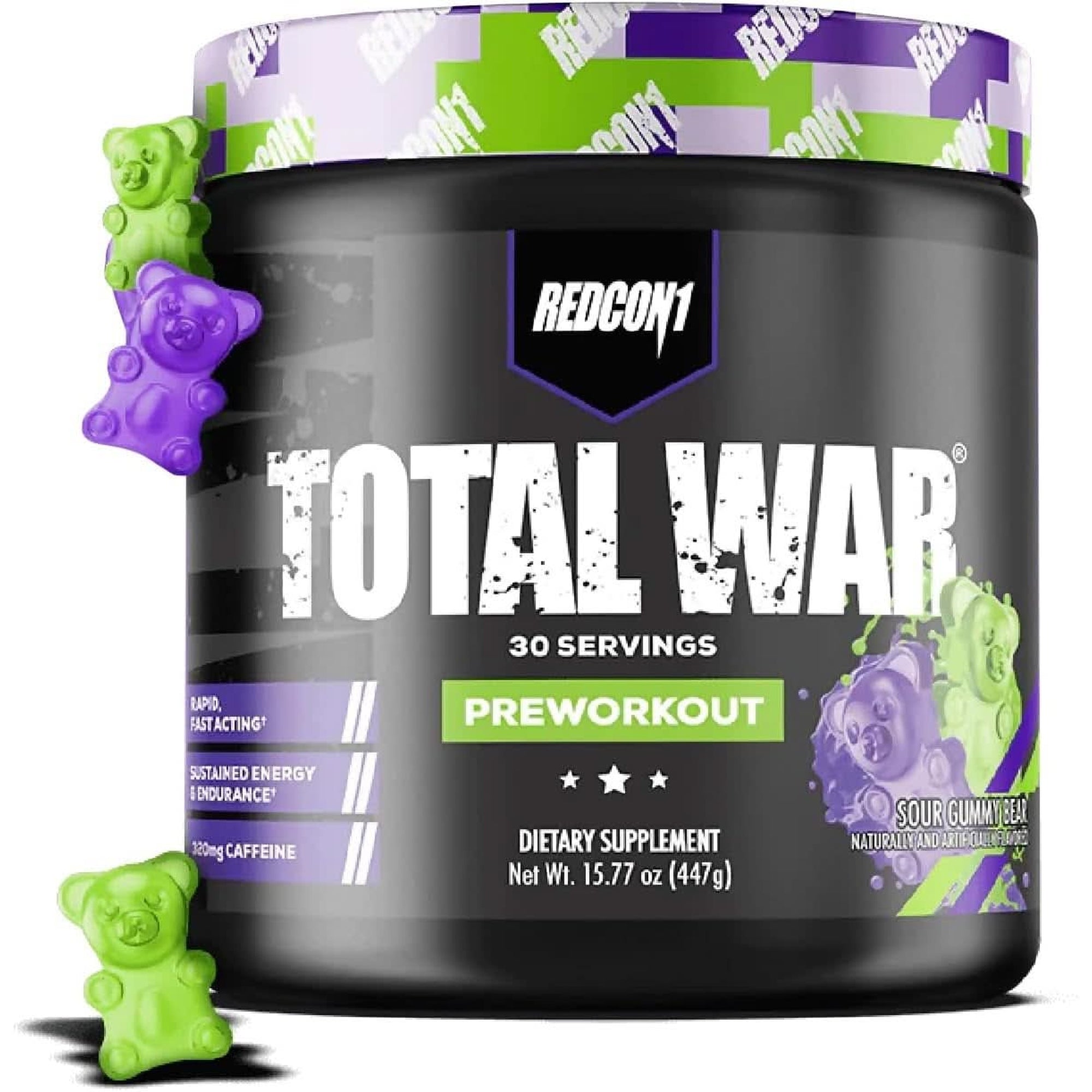 REDCON1 Total War Preworkout - Contains 320Mg of Caffeine from Green Tea, Juniper & Beta Alanine - Pre Work Out with Amino Acids to Increase Pump, Energy + Endurance (Rainbow Candy, 30 Servings)