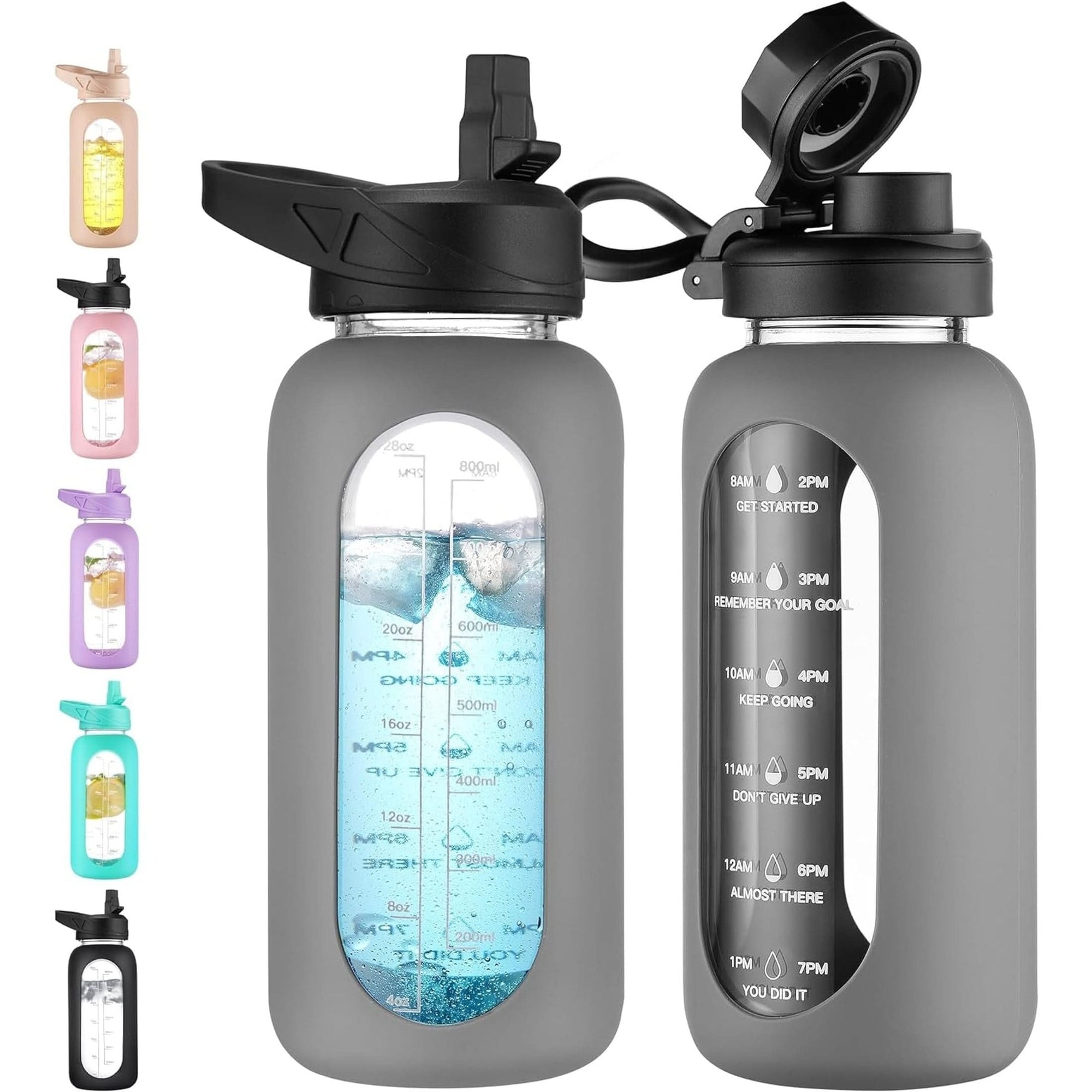 CIVAGO 32 Oz Glass Water Bottle with Straw and Handle, Large Sports Motivational Water Bottle Flask with Time Marker and 2 Lids, Leakproof Water Jug Canteen with Silicone Sleeve for Gym,Black