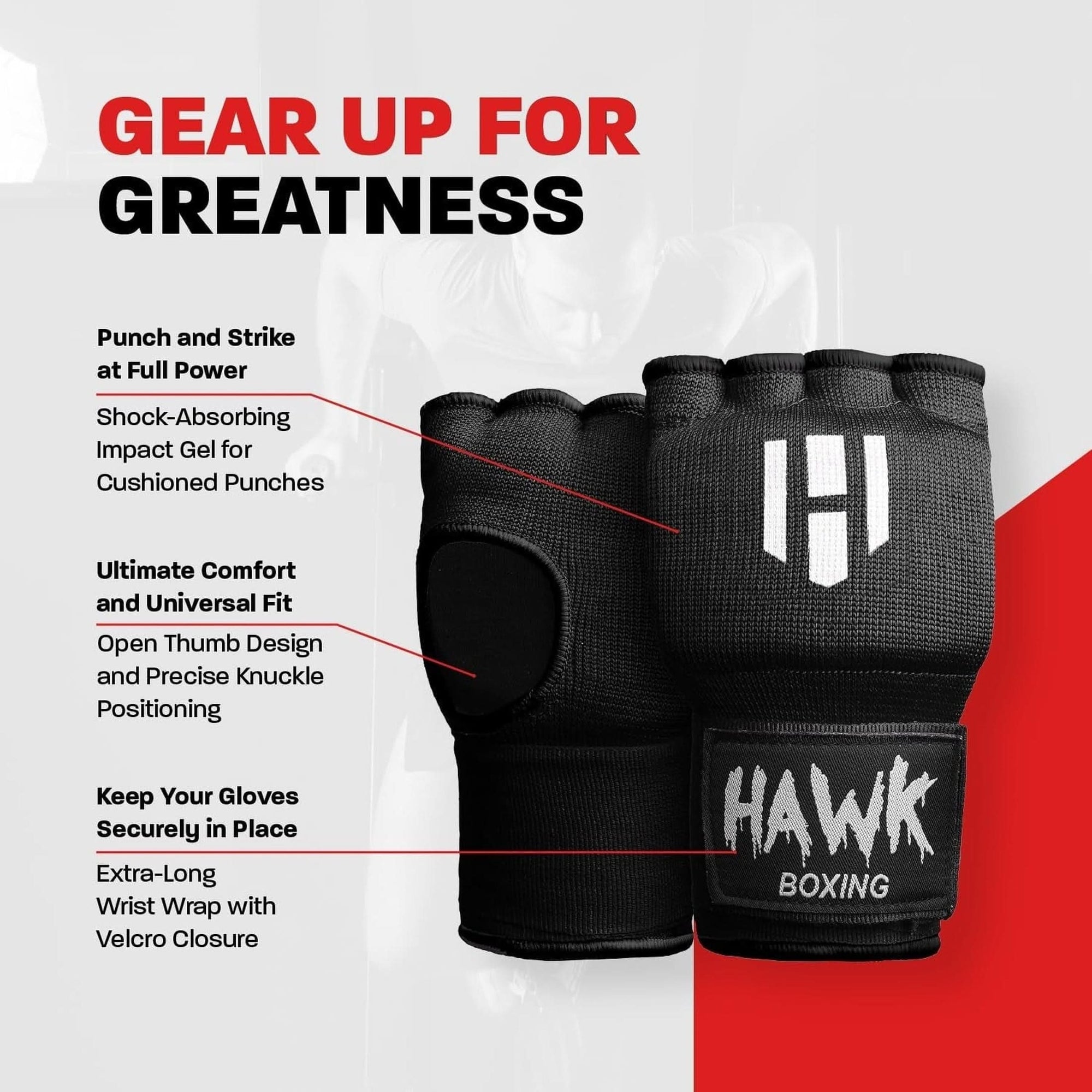 Hawk Padded Inner Gloves Training Gel Elastic Hand Wraps for Boxing Gloves Quick Wraps Men & Women Kickboxing Muay Thai MMA Bandages Fist Knuckle Wrist Wrap Protector Handwraps Pair