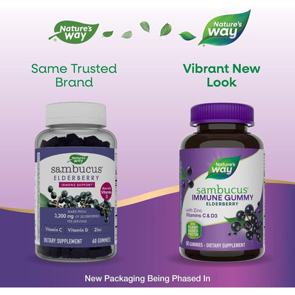 Nature’S Way Sambucus Elderberry Immune Gummies, Daily Immune Support for Kids and Adults*, with Vitamin C, Vitamin D3, Zinc, Gluten Free, Vegetarian, 60 Gummies (Packaging May Vary)