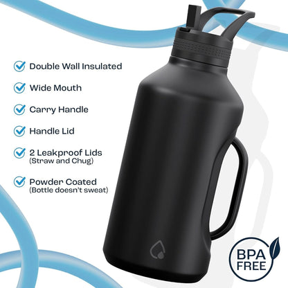 AQUAFIT Insulated Water Bottle 64 Oz with Handle - Straw and Chug Lid - Stainless Steel Water Bottles - 64 Oz Water Bottle - 64Oz Insulated Water Bottle with Straw 64 Ounces, Midnight Black