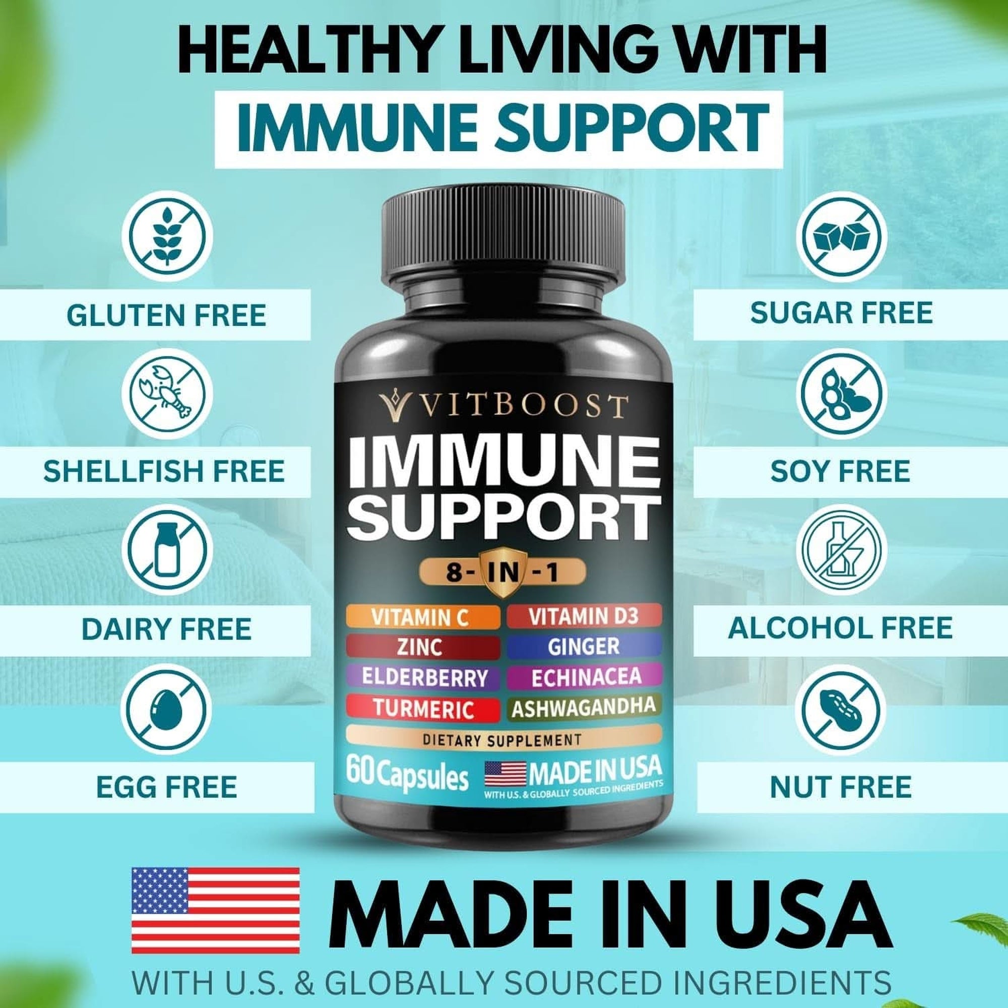 Ultimate Immune Support Supplement 8-In-1 Formula with Echinacea, Vitamin C & Zinc, Vitamin D 5000 IU, Turmeric, Ginger, Ashwagandha, Elderberry – 60 Capsules