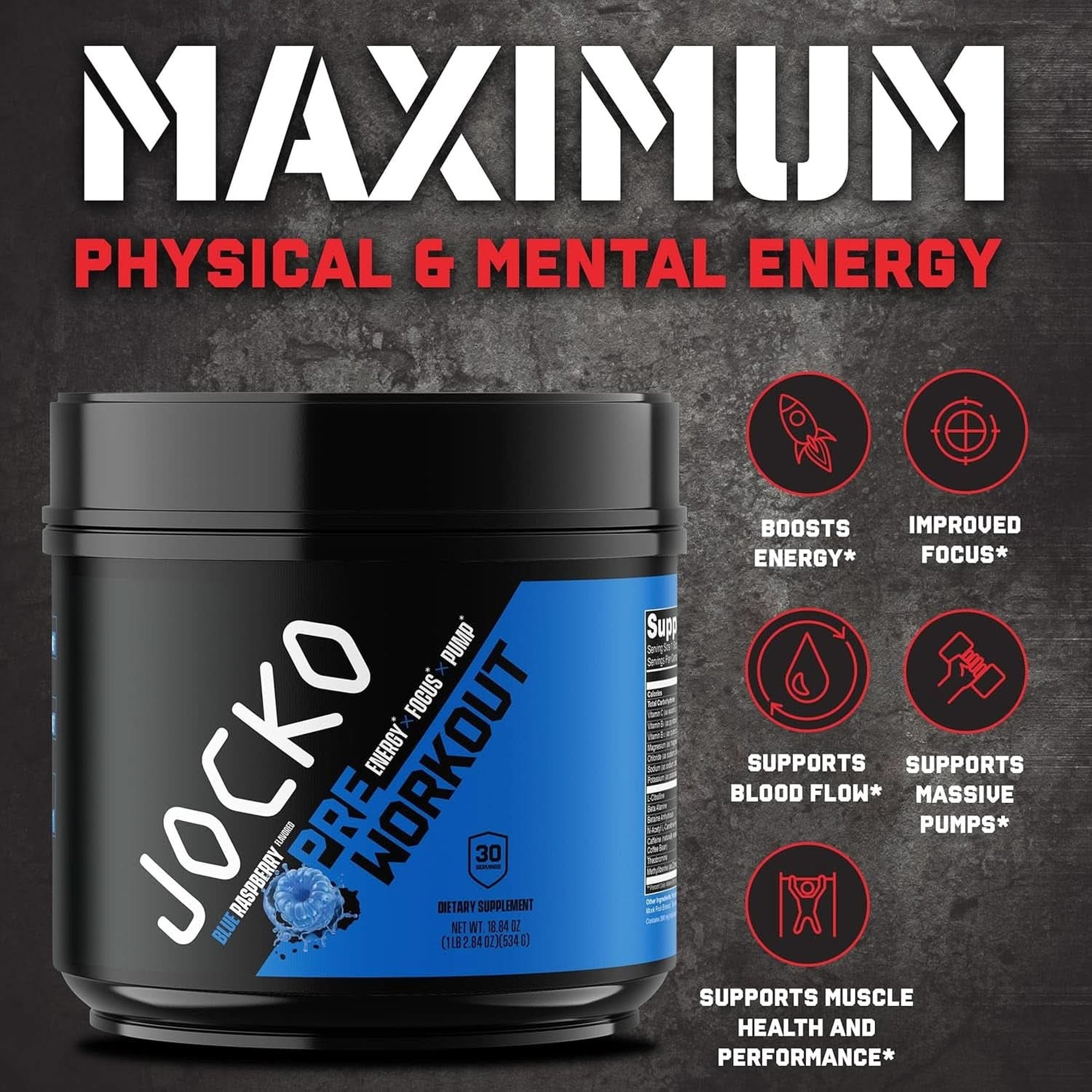 Jocko Fuel Ultimate Pre Workout Powder - Pre-Workout Energy Powder Drink for Men & Women - High Stim Sugar-Free Nootropic Blend to Support Muscle Pump, Energy, & Recovery 200Mg Caffeine Blue Raspberry