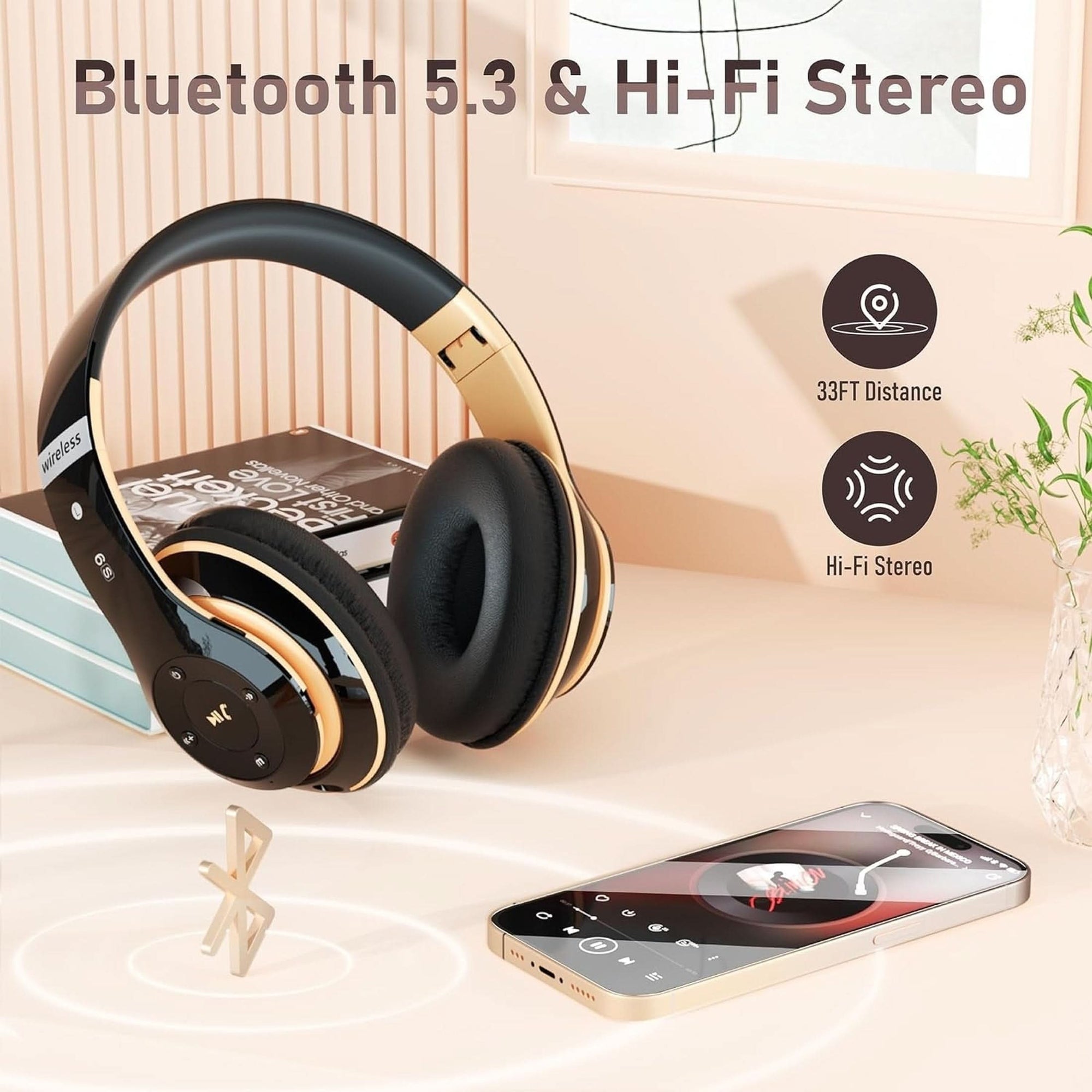 Bluetooth Headphones over Ear, 6S Wireless Headphones Wired with 6 EQ Modes, 40 Hours Playtime Foldable Hifi Stereo Headset with Microphone, FM/TF for Cellphone/Pc/Work Black & Gold