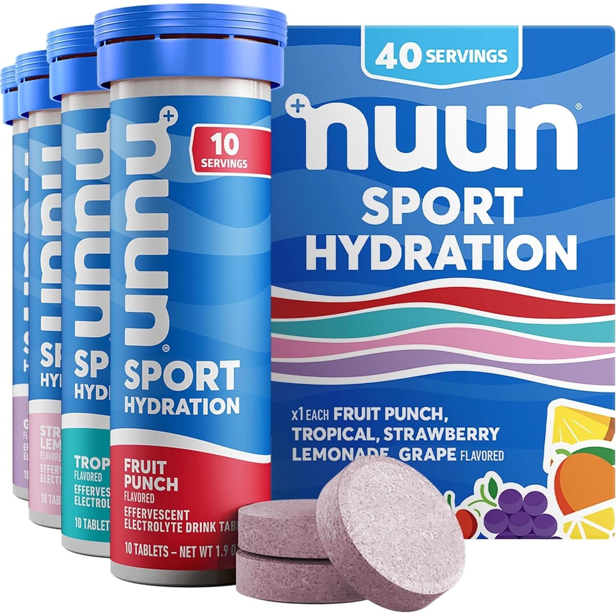 Nuun Sport Electrolyte Tablets - Dissolvable in Water, Mixed Flavors | 5 Essential Electrolytes for Hydration | 1G Sugar Drink Mix | Vegan, Non-Gmo | 4 Pack (40 Total Servings)