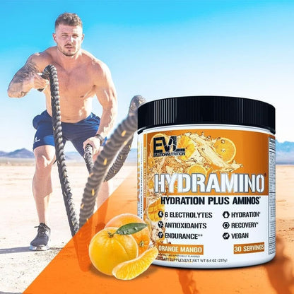 Evlution Nutrition HYDRAMINO Complete Hydration Multiplier, All 6 Electrolytes, Vitamin C & B, Fluid Boosting Aminos, Coconut Water, Endurance, Recovery, Antioxidants, 30 Serve, Orange Mango