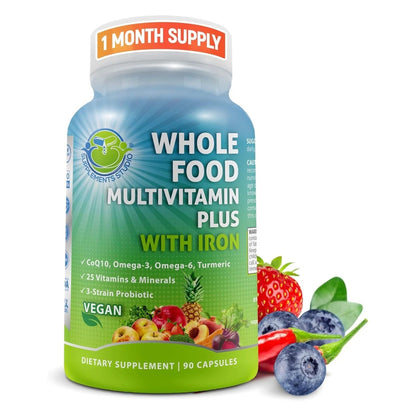 Vegan Whole Food Multivitamin with Iron, Daily Multivitamin for Women and Men, Made with Fruits & Vegetables, B-Complex, Probiotics, Enzymes, Coq10, Omegas, Turmeric, Non-Gmo, 90 Count