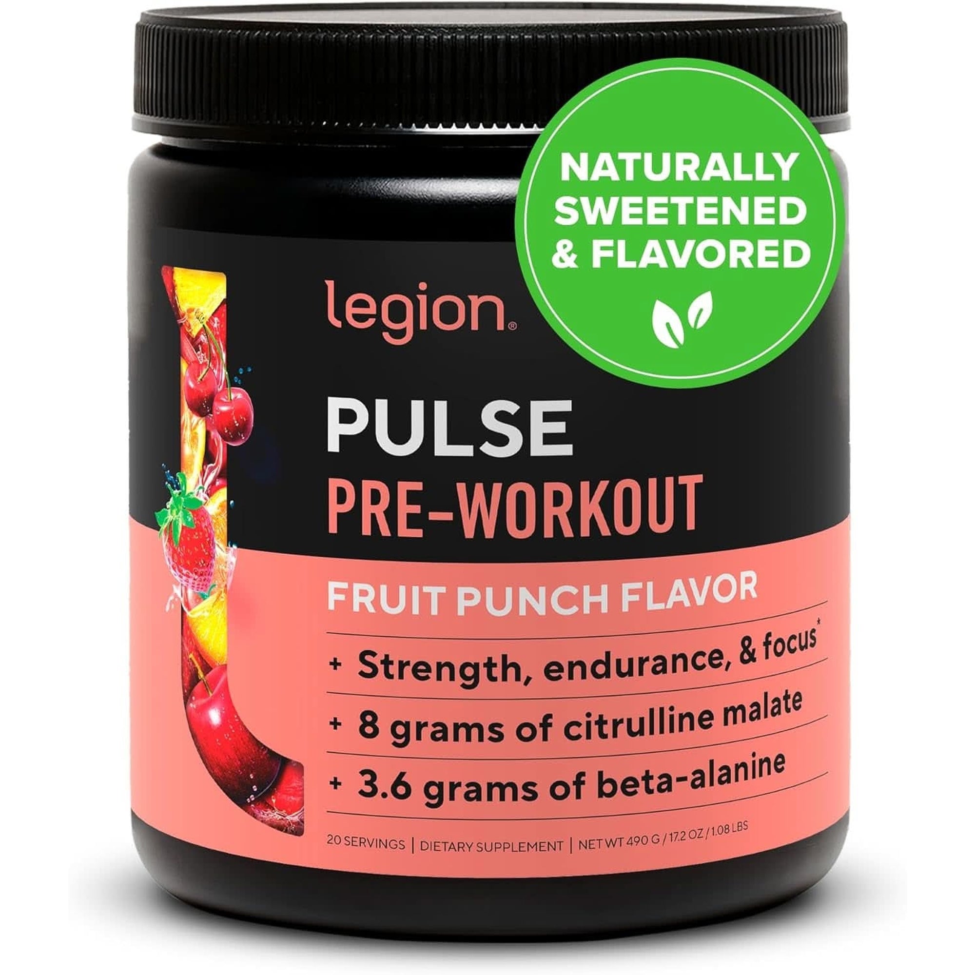 LEGION Pulse Pre Workout Supplement - All Natural Nitric Oxide Preworkout Drink to Boost Energy, Creatine Free, Naturally Sweetened, Beta Alanine, Citrulline, Alpha GPC (Fruit Punch)