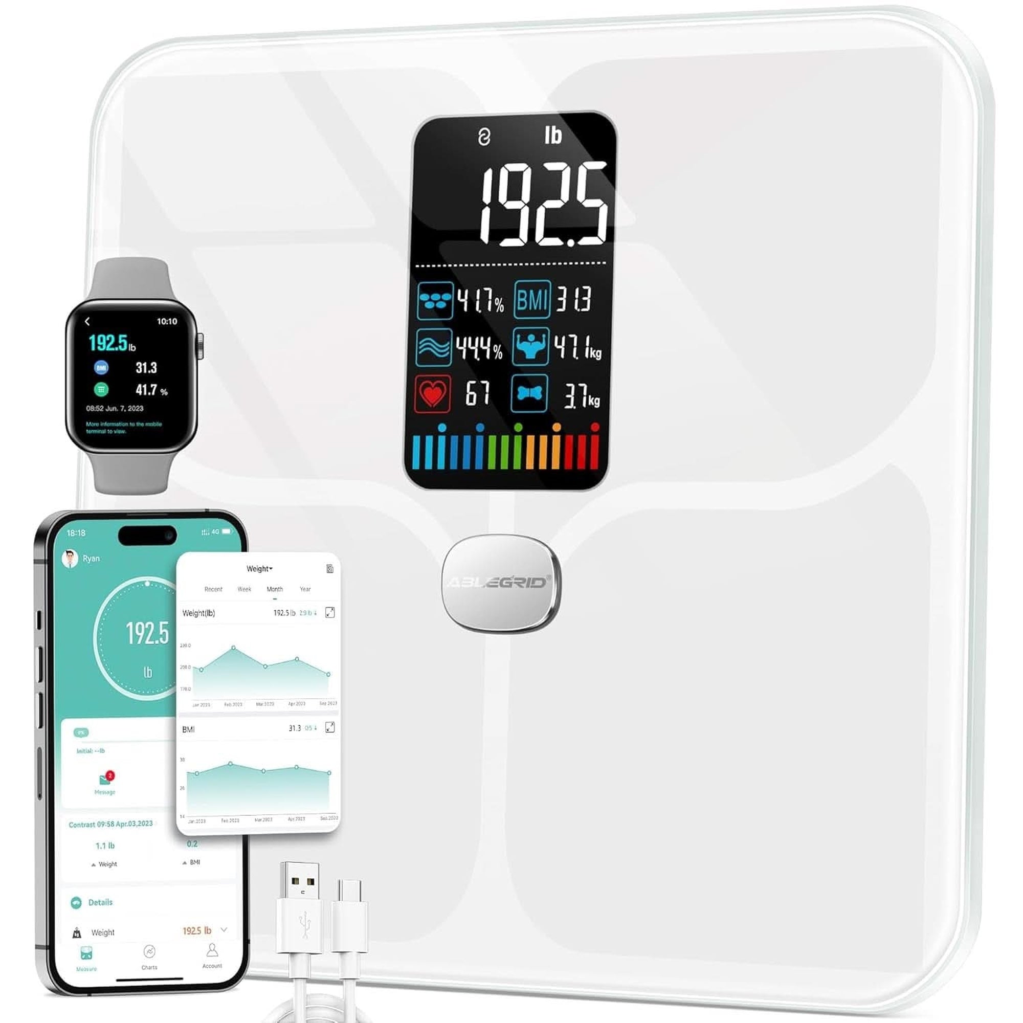 ABLEGRID Body Fat Scale,Digital Smart Bathroom Scale for Body Weight, Large LCD Display Screen, 16 Body Composition Metrics BMI, Water Weigh, Heart Rate, Baby Mode, 400Lb, Rechargeable