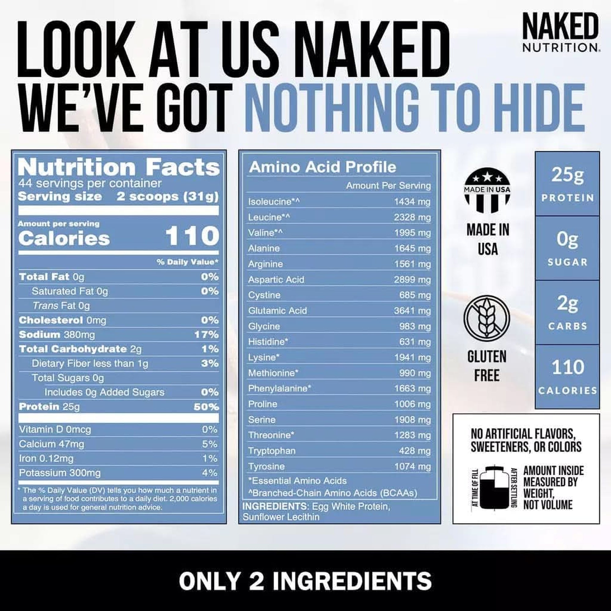 Naked 3LB Non-Gmo Egg White Protein Supplement Powder, Unflavored, No Additives, Paleo, Dairy Free, Gluten Free, Soy Free – 25G Protein, 44 Servings, 3 Pounds