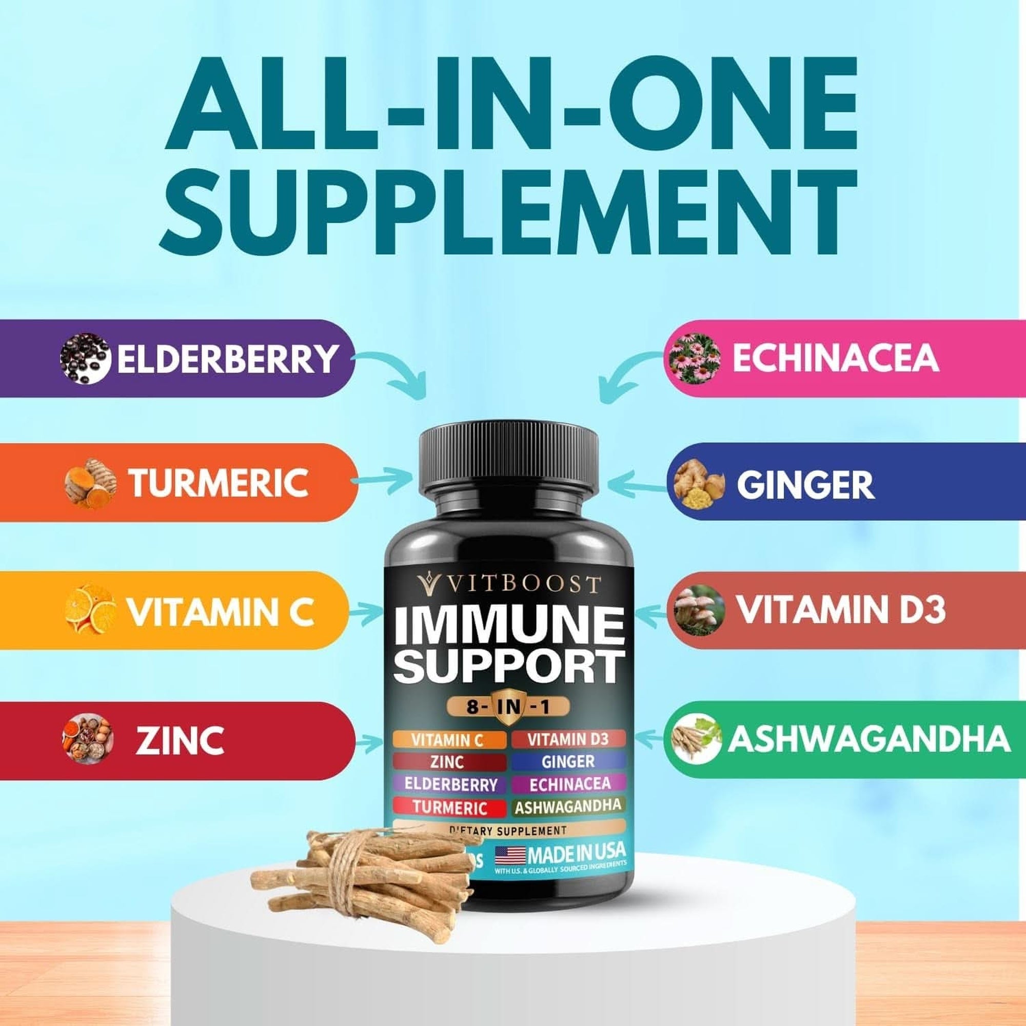 Ultimate Immune Support Supplement 8-In-1 Formula with Echinacea, Vitamin C & Zinc, Vitamin D 5000 IU, Turmeric, Ginger, Ashwagandha, Elderberry – 60 Capsules