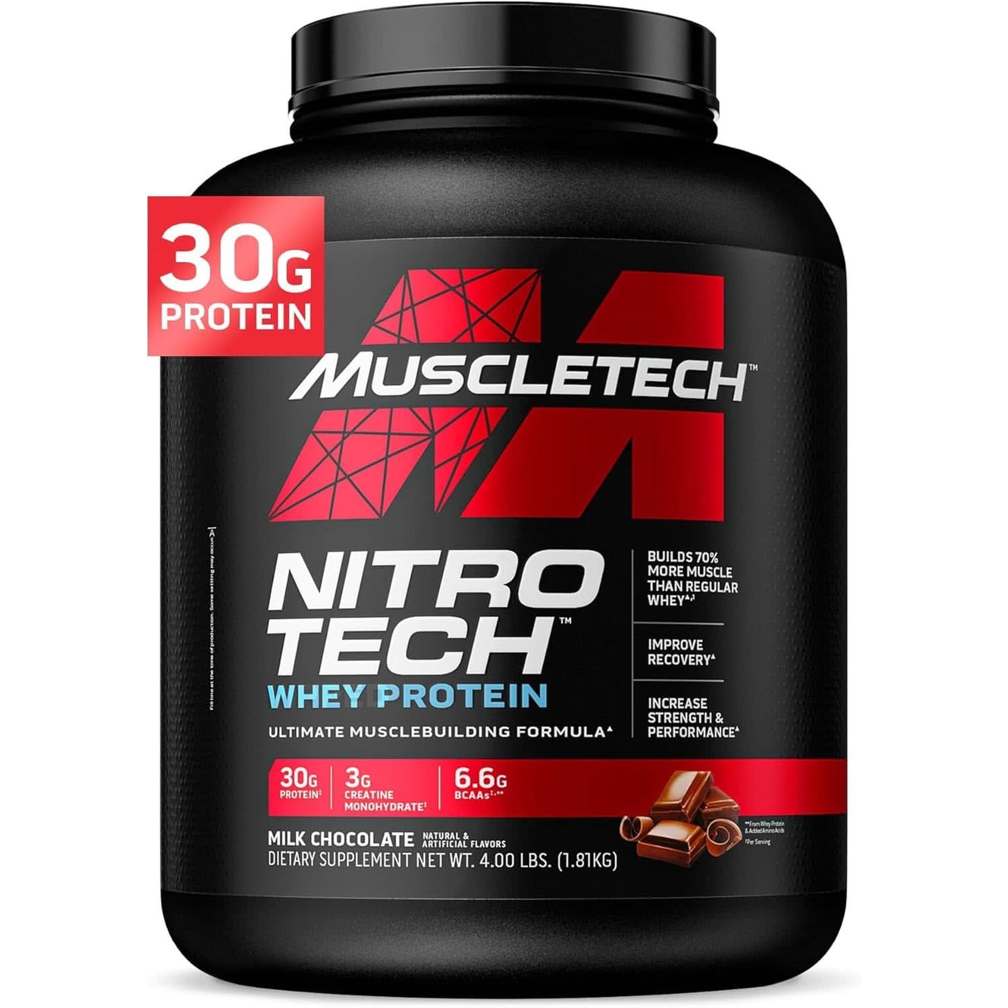 Muscletech Whey Protein Powder (Strawberry, 4 Pound) - Nitro-Tech Muscle Building Formula with Whey Protein Isolate & Peptides - 30G of Protein, 3G of Creatine & 6.6G of BCAA