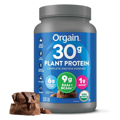 Orgain Organic 30G Vegan Protein Powder, Chocolate 9G Eaas + Bcaas, Plant Protein, 6G Prebiotic + Fiber, 1G Sugar, Pre-Workout, Muscle Support + Recovery - 2.01Lb (Packaging May Vary)