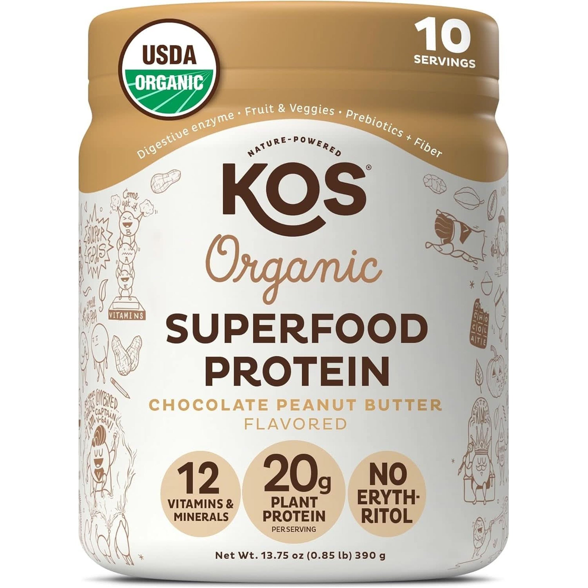 KOS Vegan Protein Powder Erythritol Free, Chocolate - Organic Pea Protein Blend, Plant Based Superfood Rich in Vitamins & Minerals - Keto, Dairy Free - Meal Replacement for Women & Men, 28 Servings