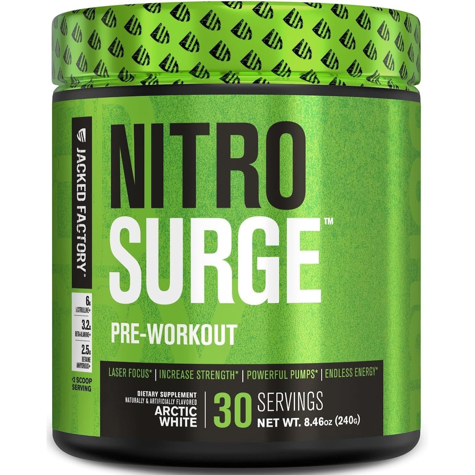 Jacked Factory NITROSURGE Pre Workout Supplement - Endless Energy, Instant Strength Gains, Clear Focus, Intense Pumps - NO Booster & Powerful Preworkout Energy Powder - 30 Servings, Arctic White