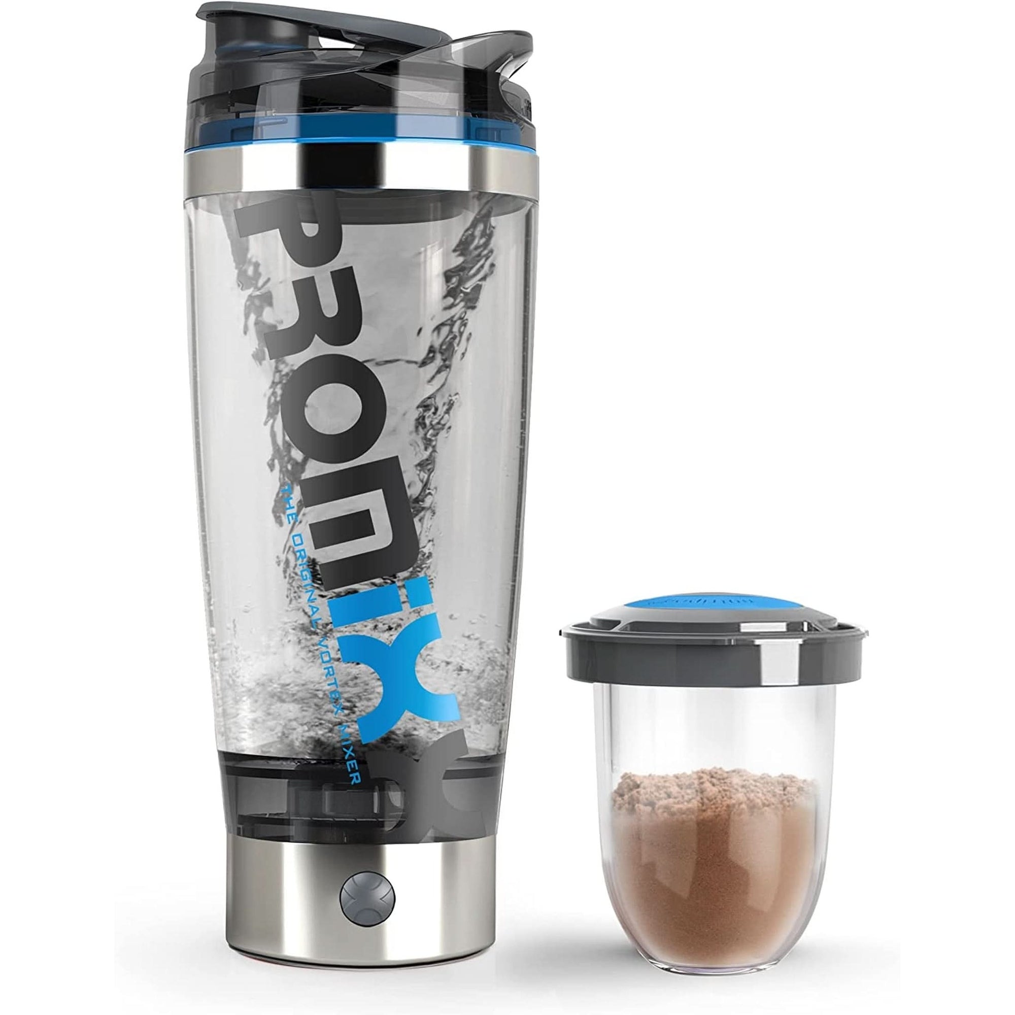 Promixx Pro Shaker Bottle Ix-R Edition | Rechargeable, Powerful for Smooth Protein Shakes | Includes Supplement Storage - BPA Free | 20Oz Cup Silver Blue/Gray