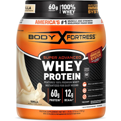 Body Fortress Super Advanced Whey Protein Powder, Strawberry, 60G Protein & 12G Bcaas per 2 Scoops, Muscle Gain & Recovery, Immune Support with Vitamins C & D, 1.78Lb (Packaging May Vary)