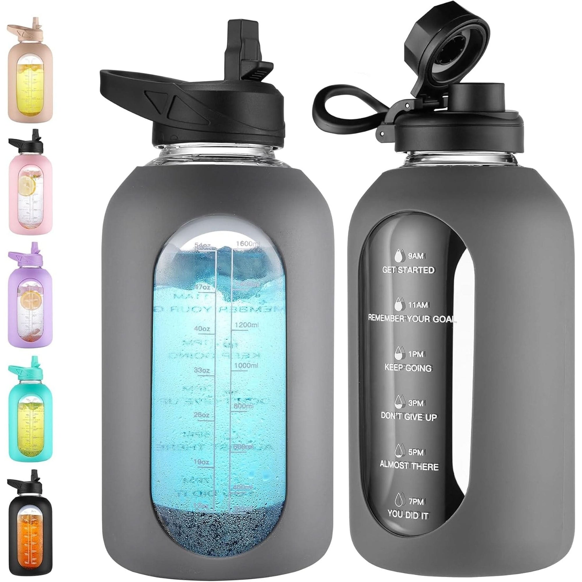 CIVAGO 32 Oz Glass Water Bottle with Straw and Handle, Large Sports Motivational Water Bottle Flask with Time Marker and 2 Lids, Leakproof Water Jug Canteen with Silicone Sleeve for Gym,Black