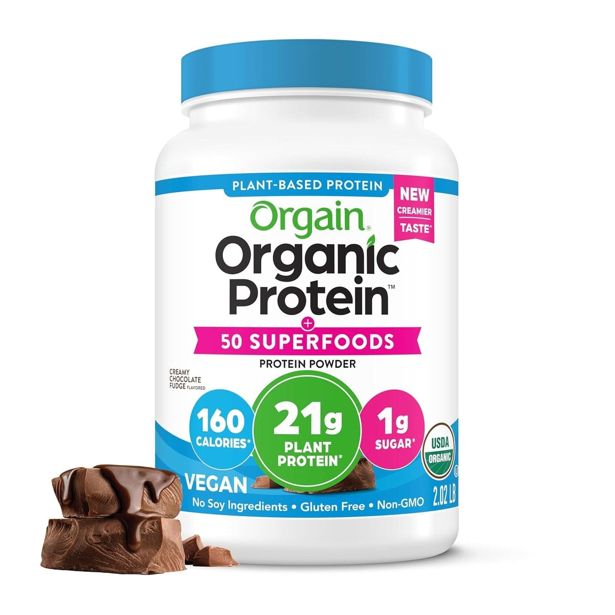 Orgain Organic Vegan Protein + 50 Superfoods Powder, Creamy Chocolate Fudge - 21G Plant Based Protein, 10G Prebiotic Fiber, No Lactose Ingredients, Gluten Free, Non-Gmo, 2.02 Lb (Packaging May Vary)