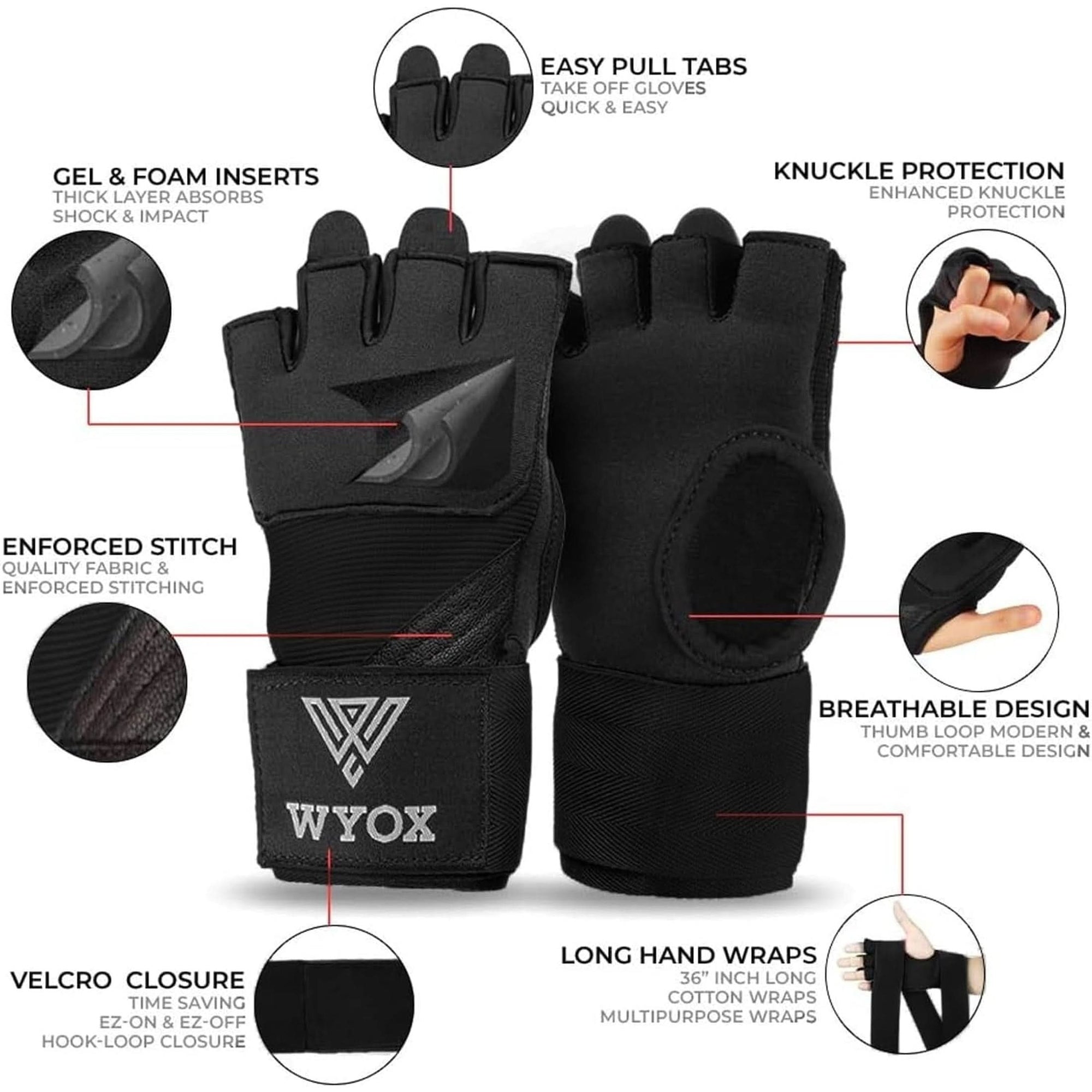 WYOX Gel Boxing Hand Wraps Inner Gloves for Men & Women, 80Cm Quick Wrist Wraps Guard, Padded Knuckle Protection for Muay Thai MMA Kickboxing Punching Bag Gloves, Hand Wraps for Boxing & Martial Arts