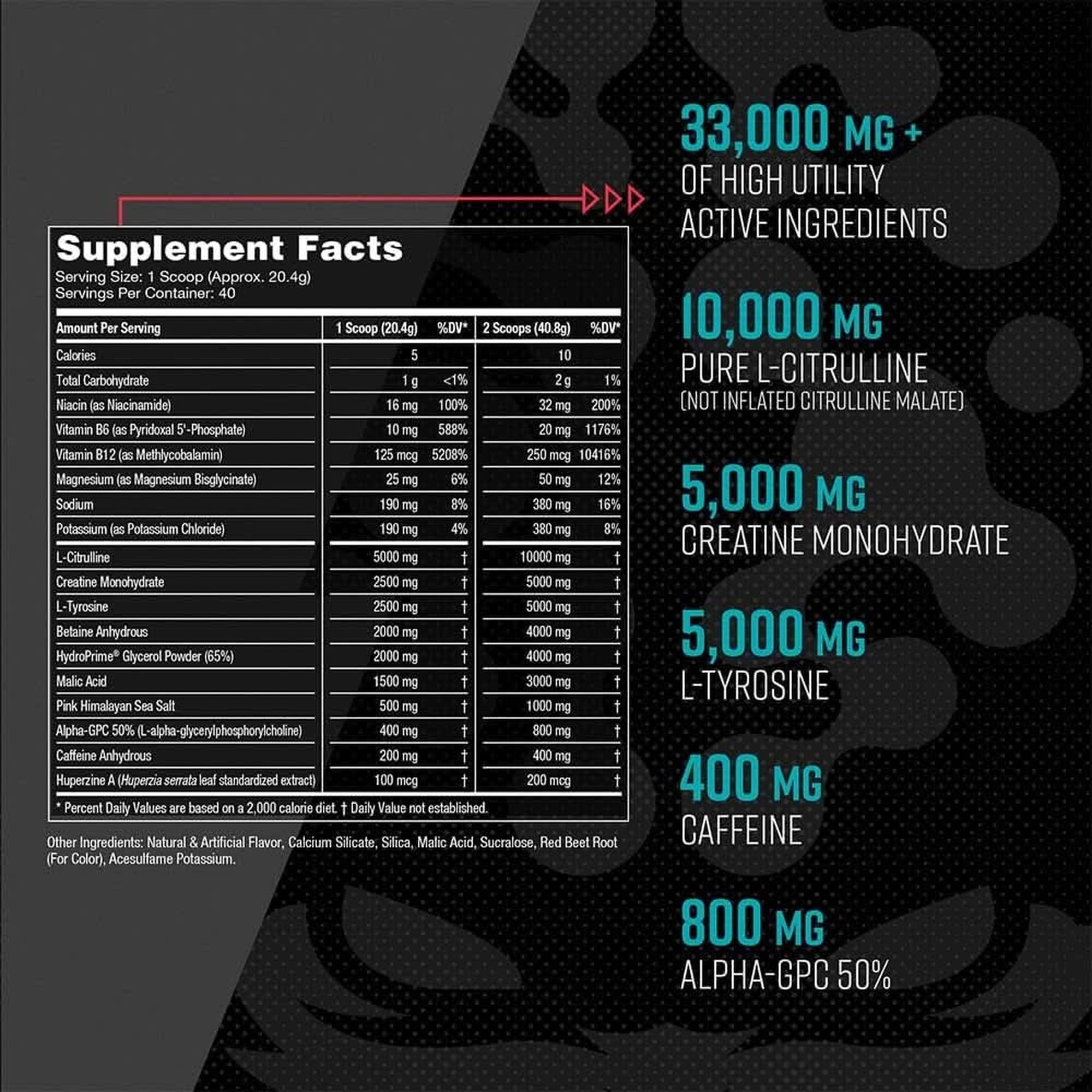 Gorilla Mode Pre Workout - Massive Pumps · Laser Focus · Energy · Power - L-Citrulline, Creatine, L-Tyrosine, Betaine, Hydroprime®, Alpha-Gpc, 400Mg Caffeine, Huperzine a - 620G (Bombsicle)