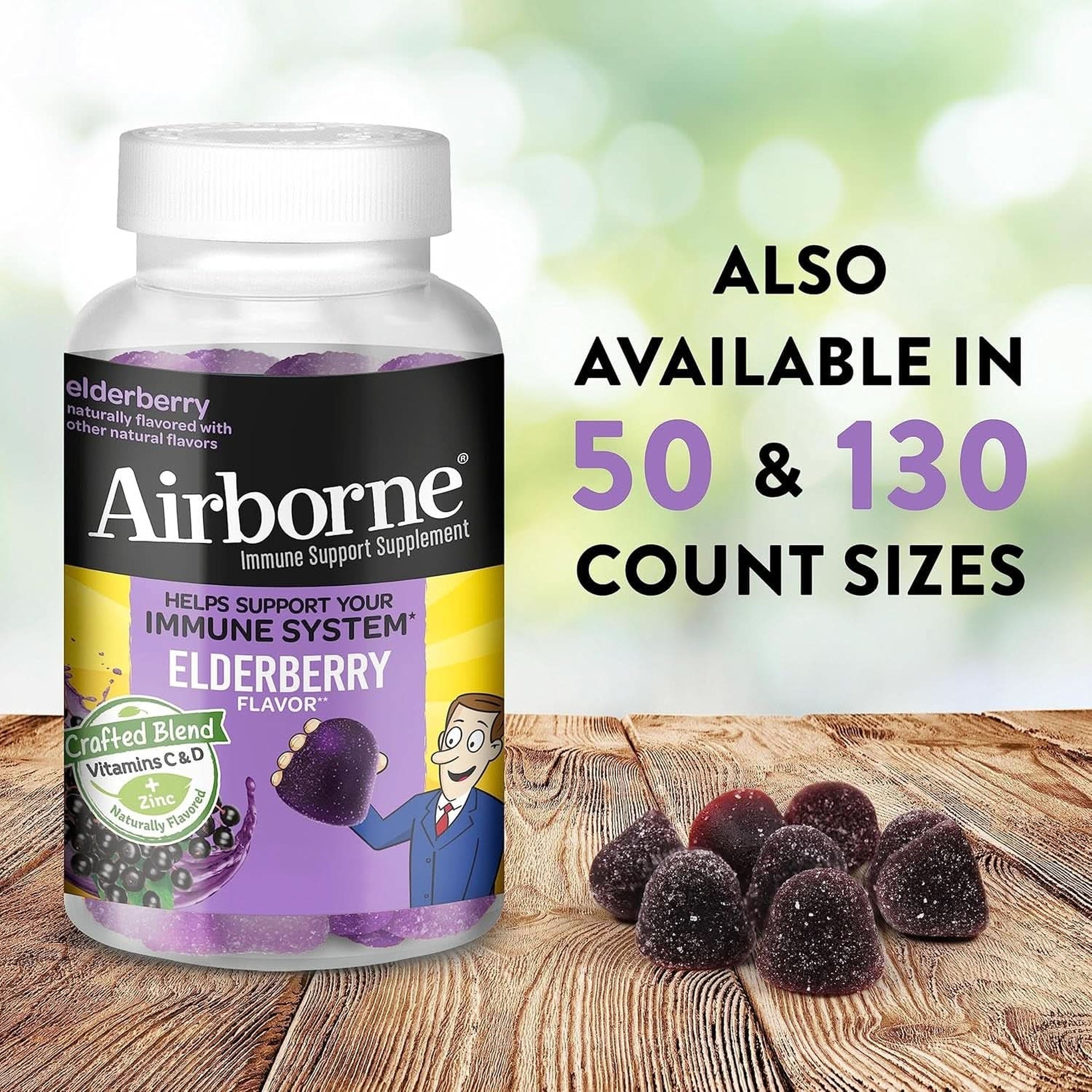 Airborne Elderberry + Zinc & Vitamin C Gummies for Adults, Immune Support Vitamin D & Zinc Gummies with Powerful Antioxidant Vitamins C D & E - 50 Gummies, Elderberry Flavor