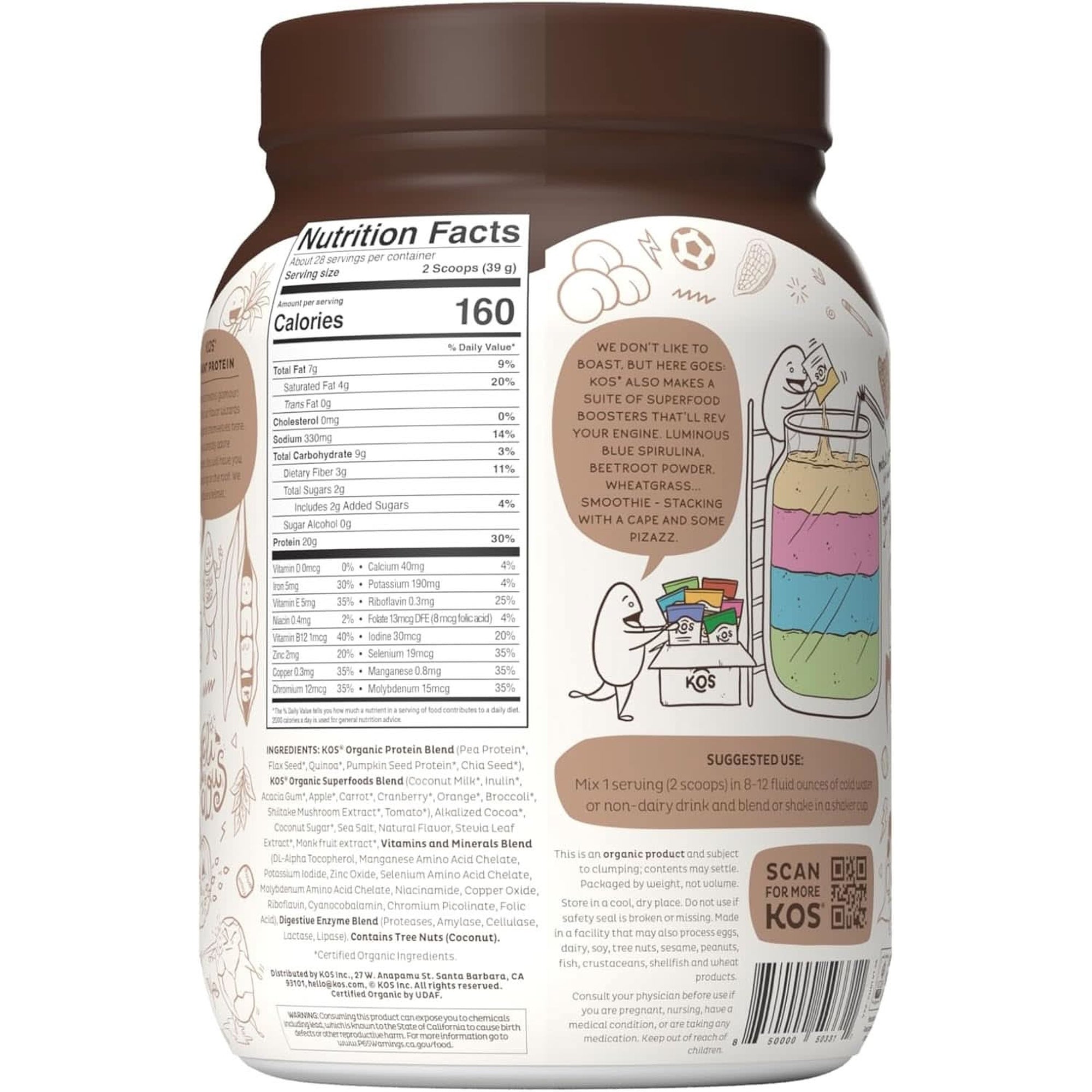 KOS Vegan Protein Powder Erythritol Free, Chocolate - Organic Pea Protein Blend, Plant Based Superfood Rich in Vitamins & Minerals - Keto, Dairy Free - Meal Replacement for Women & Men, 28 Servings