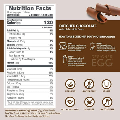 Designer Wellness, Designer Egg, Natural Egg Yolk & Egg White Protein Powder, Keto and Paleo Friendly, Low Calorie, Less Fat and Cholesterol, Dutch Chocolate, 12.4 Ounce