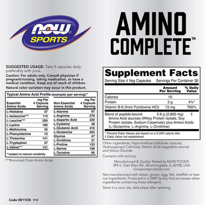 NOW Foods Sports Nutrition, Amino Complete™, Protein Blend with 21 Aminos and B-6, 120 Veg Capsules