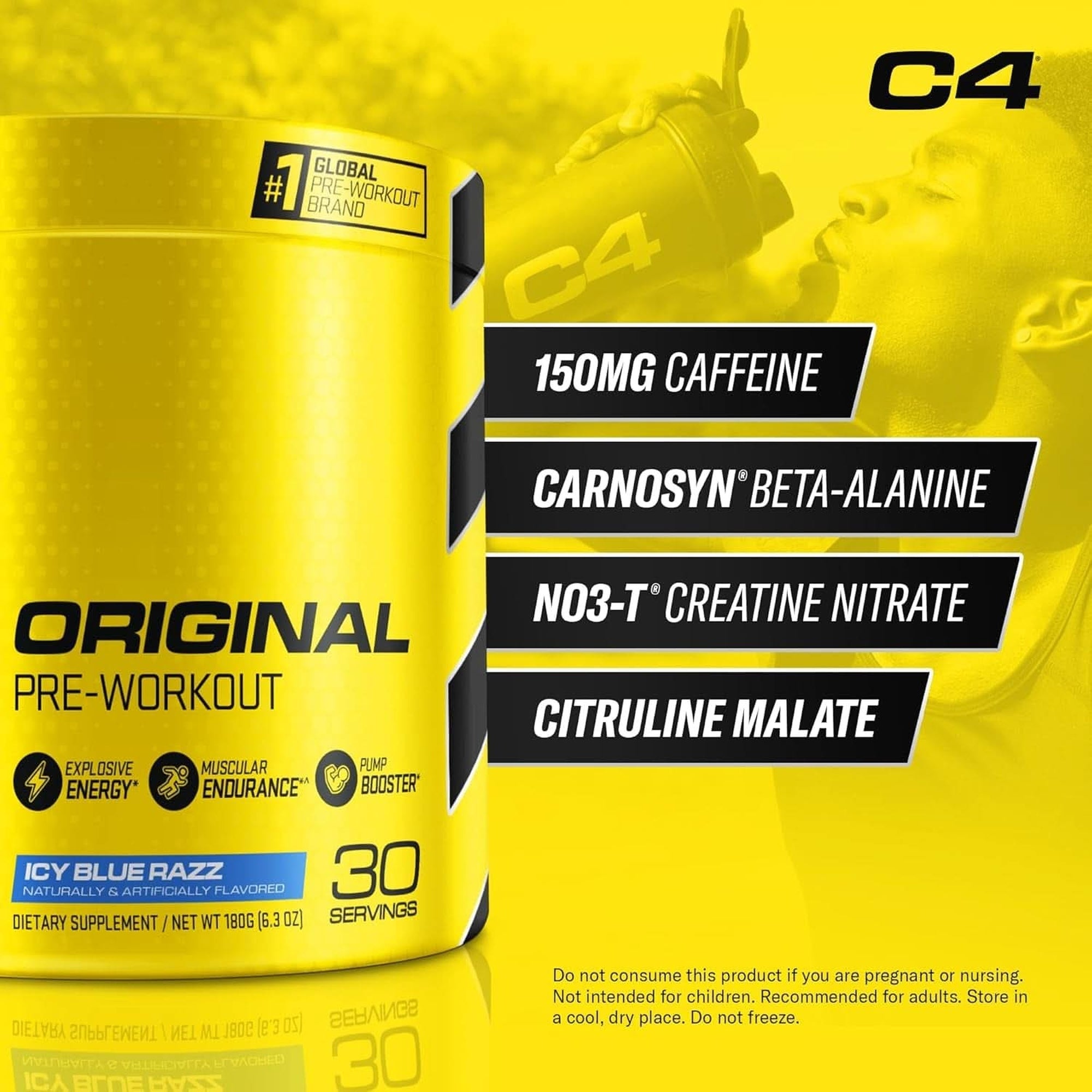 Cellucor C4 Original Pre Workout Powder ICY Blue Razz - Vitamin C for Immune Support - Sugar Free Preworkout Energy for Men & Women - 150Mg Caffeine plus Beta Alanine plus Creatine - 30 Servings