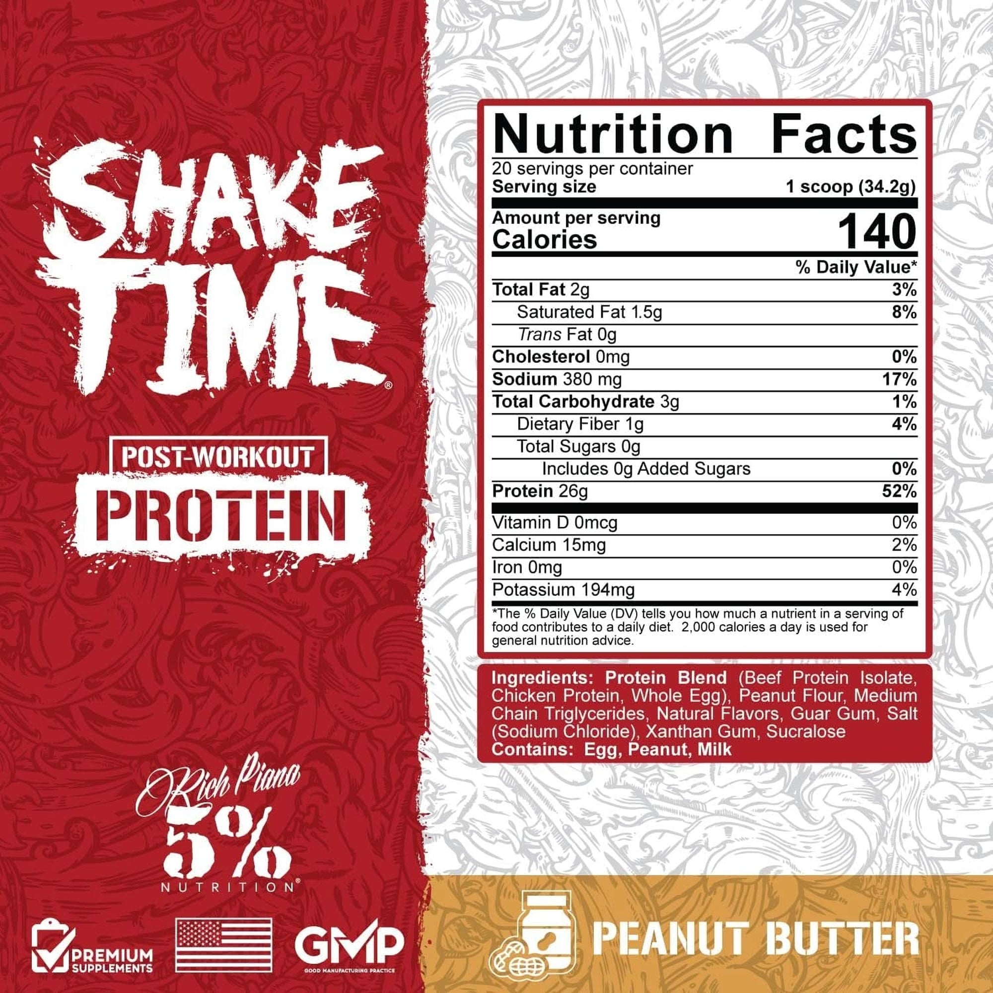 5% Nutrition Rich Piana Shake Time | 26G Animal Based Protein Drink | Grass-Fed Beef, Chicken, Whole Egg | No Sugar, Dairy, or Soy | (Peanut Butter)