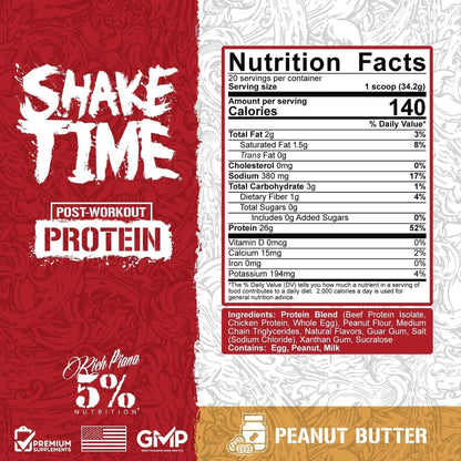 5% Nutrition Rich Piana Shake Time | 26G Animal Based Protein Drink | Grass-Fed Beef, Chicken, Whole Egg | No Sugar, Dairy, or Soy | (Peanut Butter)