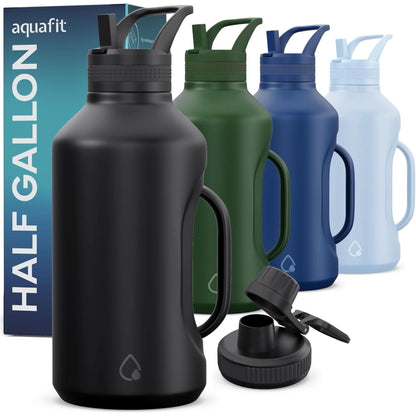 AQUAFIT Insulated Water Bottle 64 Oz with Handle - Straw and Chug Lid - Stainless Steel Water Bottles - 64 Oz Water Bottle - 64Oz Insulated Water Bottle with Straw 64 Ounces, Midnight Black