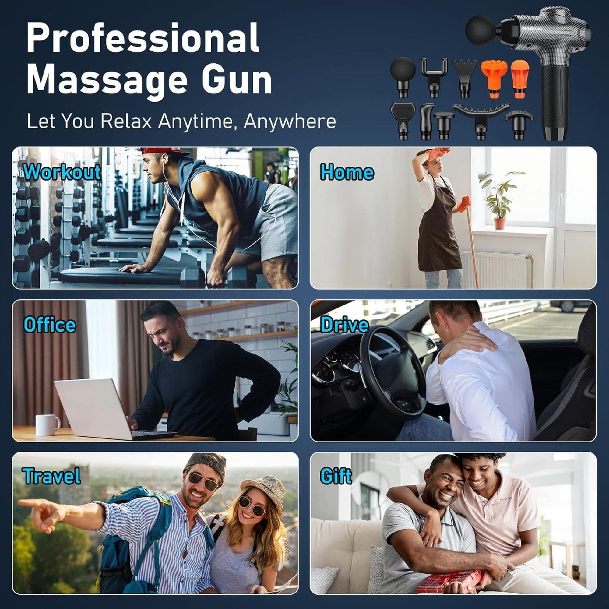 RAEMAO Massage Gun, Massage Gun Deep Tissue, Back Massage Gun for Athletes for Pain Relief Attaching 10 PCS Replacement Heads, Percussion Massager with 10 Speeds & LED Screen, Carbon