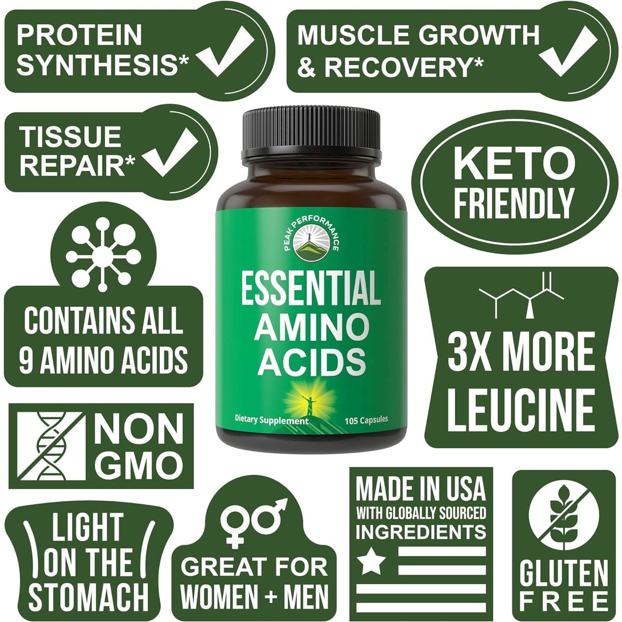 All 9 Essential Amino Acids Supplement. Capsules with 3X More Leucine for Muscle Recovery, Growth. EAA Supplement Better than BCAA / BCAAS Branched Chain Aminos Acid. USA Tested Eaas Men + Women